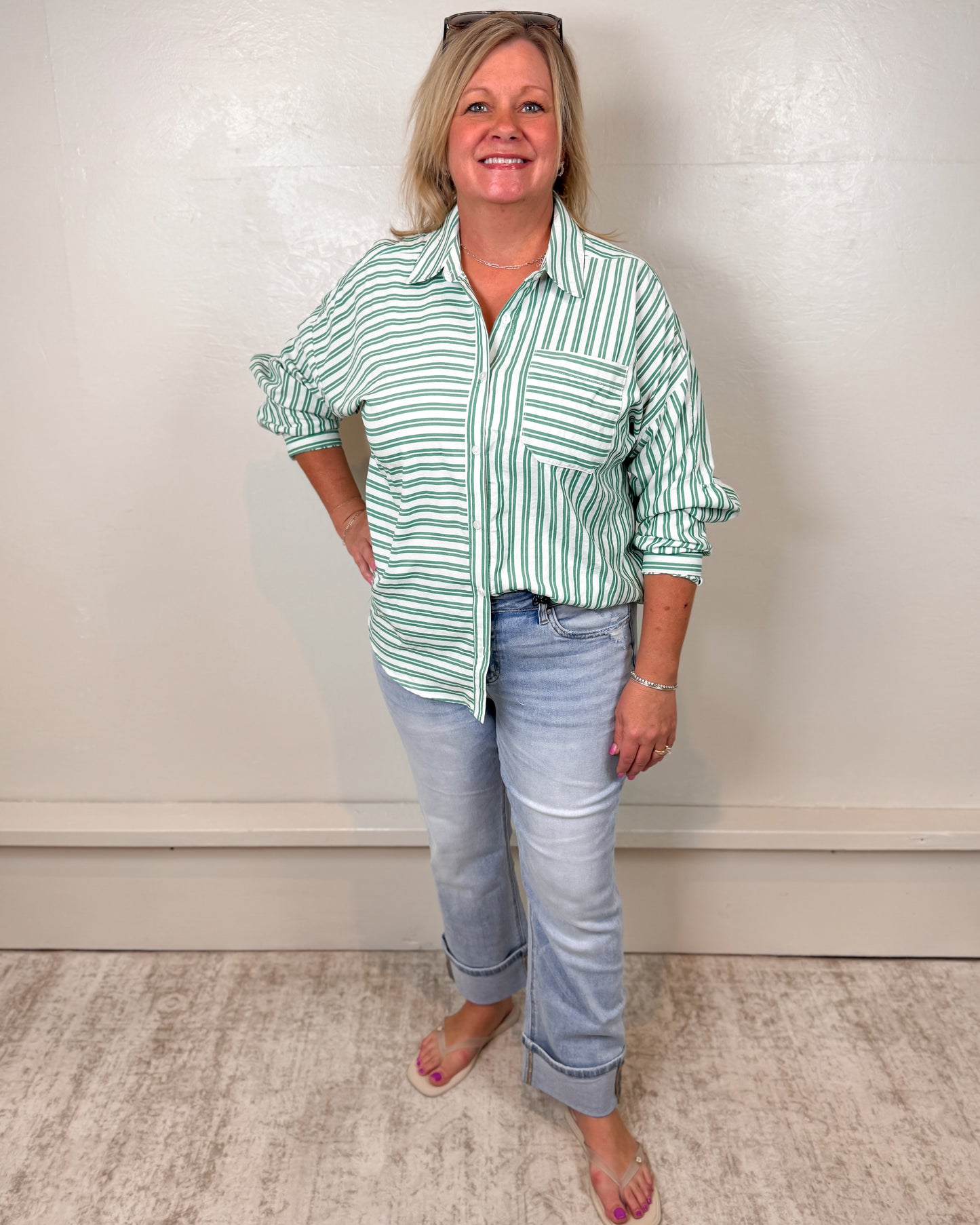 Ophelia Green Striped Button Down