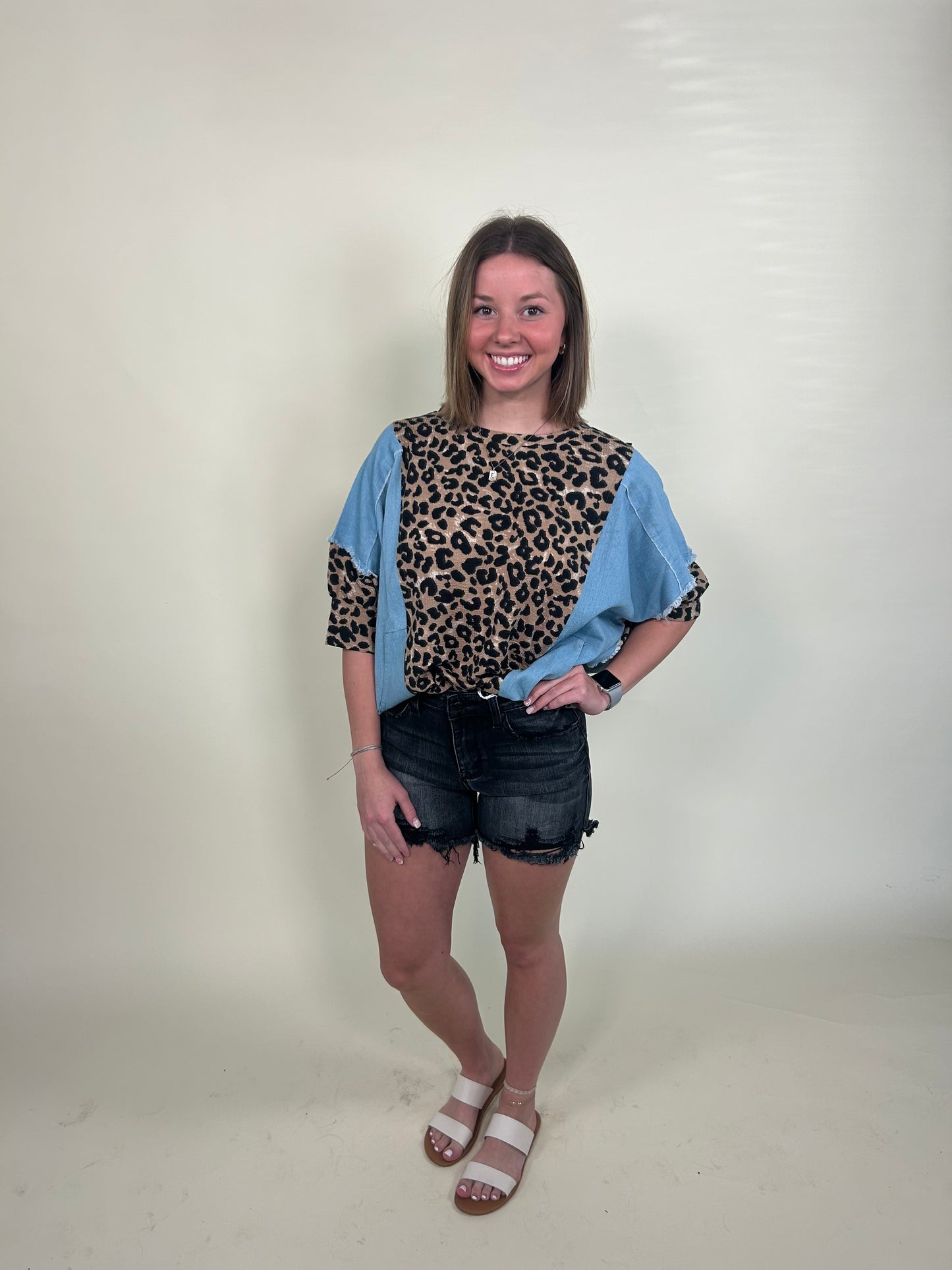 Adelina Denim Leopard Top