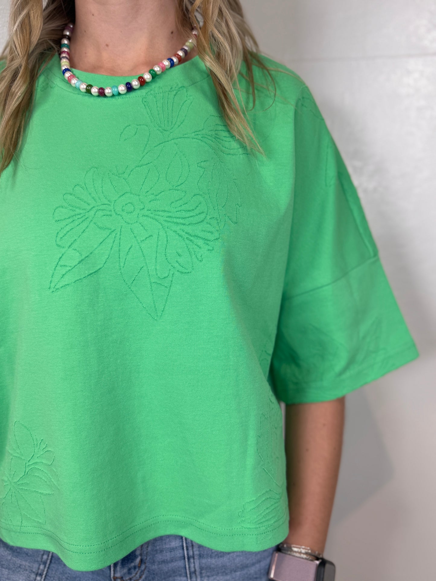 Kendra Green Floral Embroidered Tee