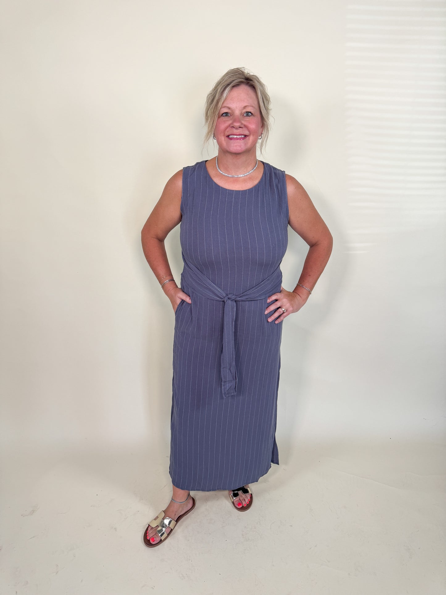 Liana Striped Linen Side Slit Dress