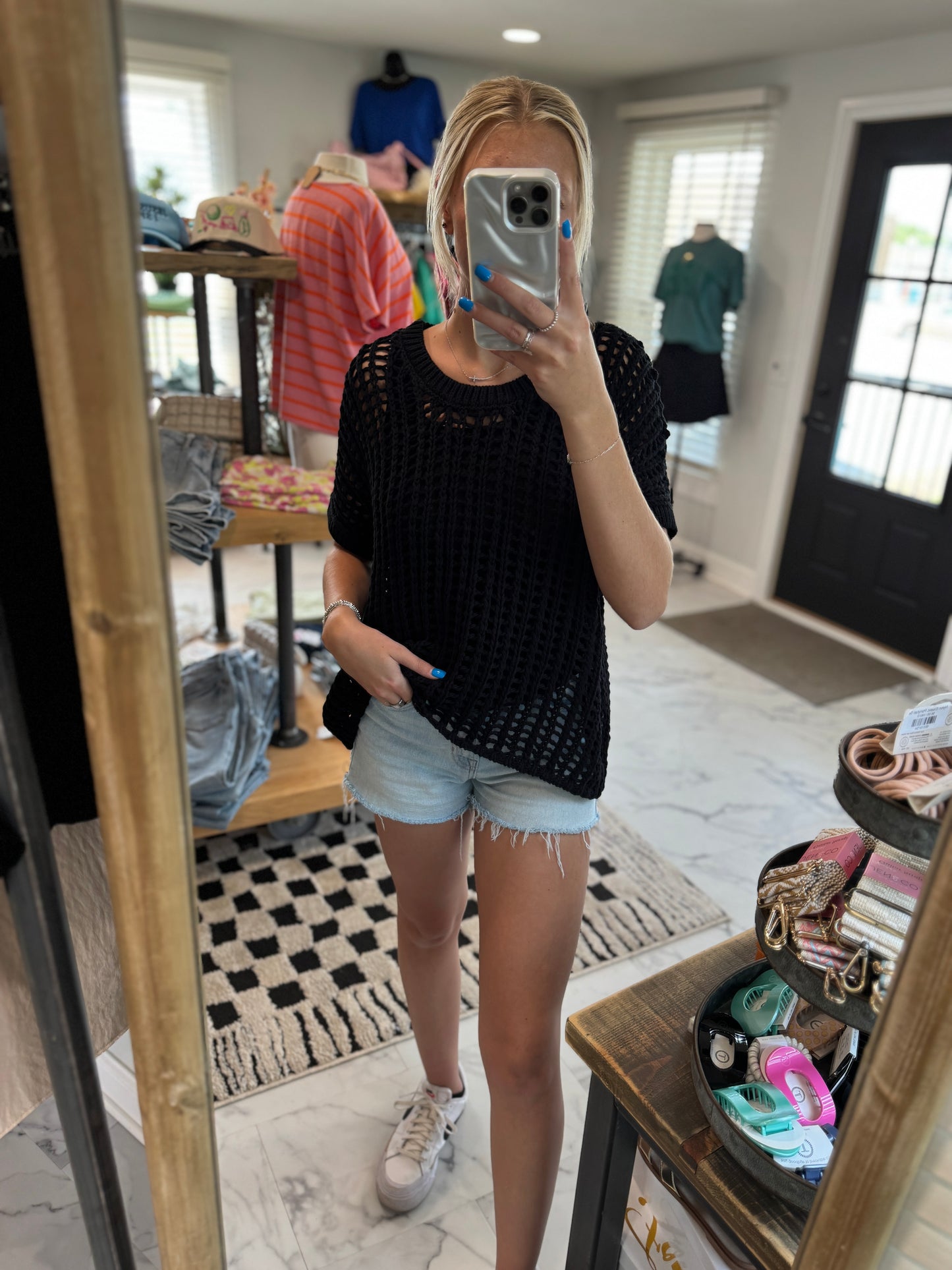 Rosie Fish Net Crochet Short Sleeve Sweater