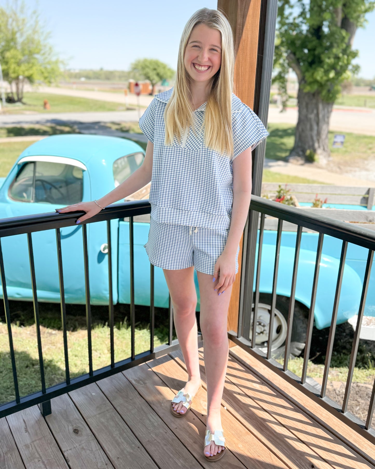 Lou Blue Gingham Print Half Zip Top