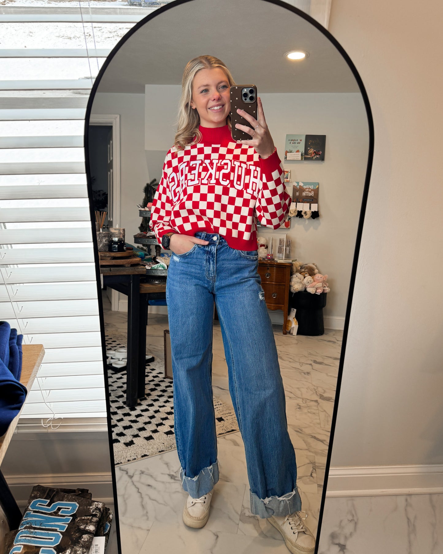 Nebraska Checkerboard Cropped Crew Sweater