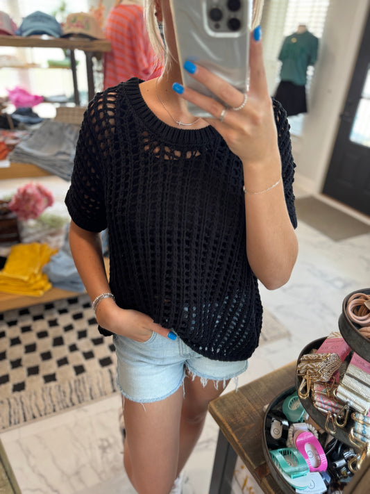 Rosie Fish Net Crochet Short Sleeve Sweater