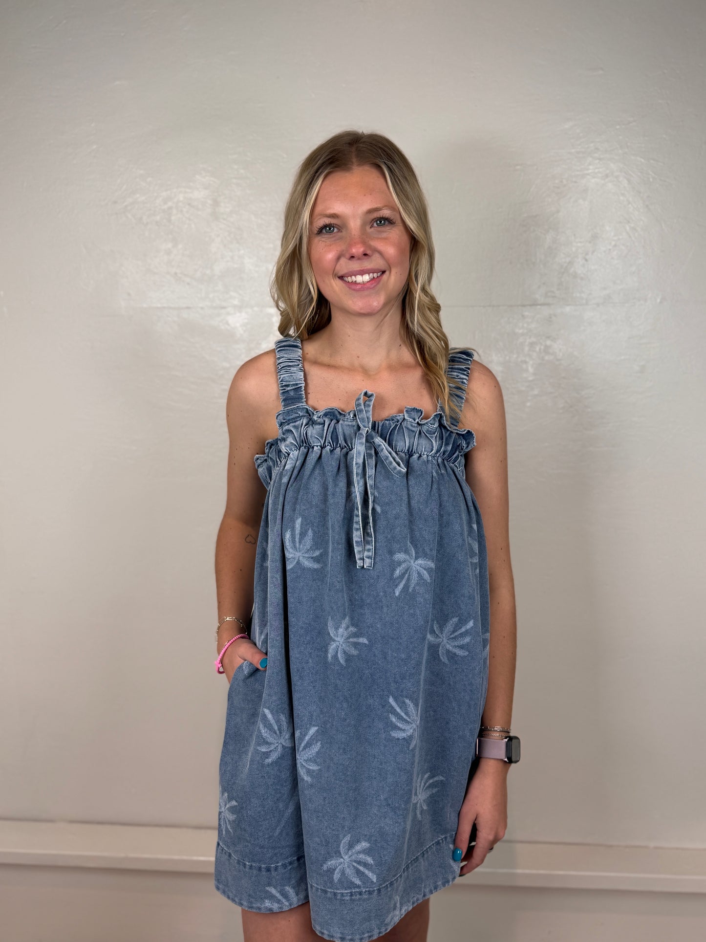 Katy Palm Tree Denim Dress