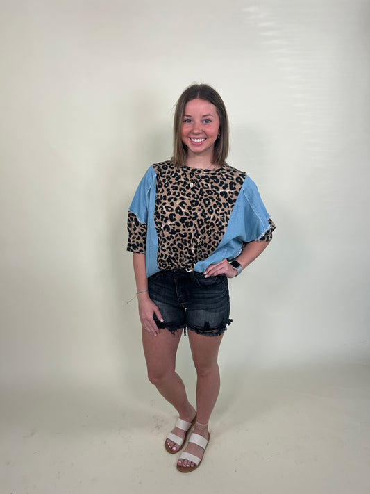 Adelina Denim Leopard Top