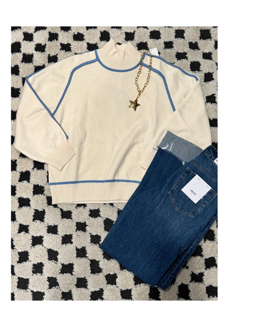 River Cream & Blue Stitching Sweater
