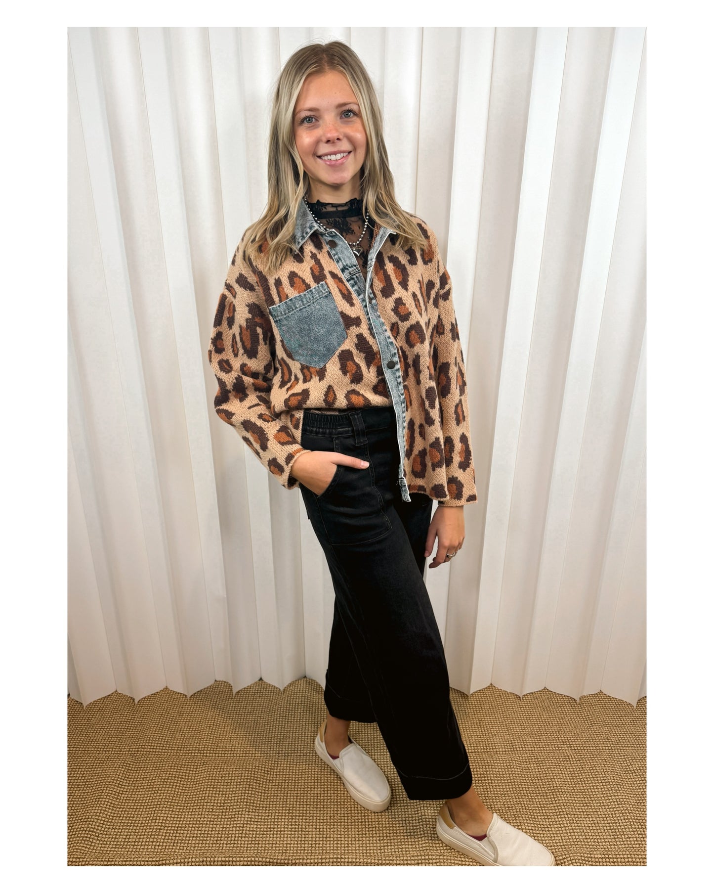 Claire Denim Mix Leopard Sweater Top