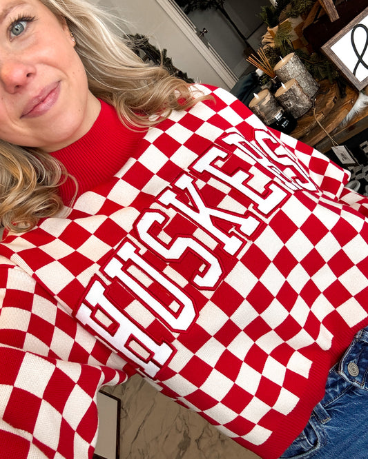 Nebraska Checkerboard Cropped Crew Sweater
