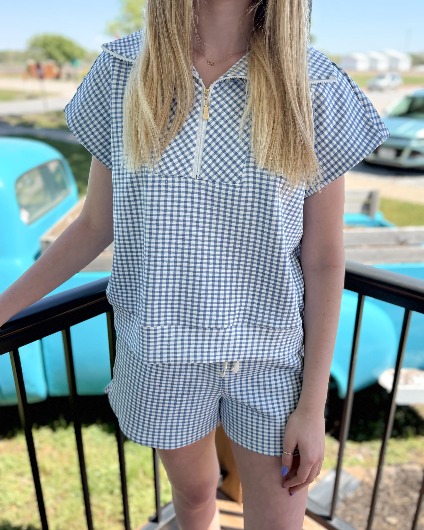 Lou Blue Gingham Print Half Zip Top