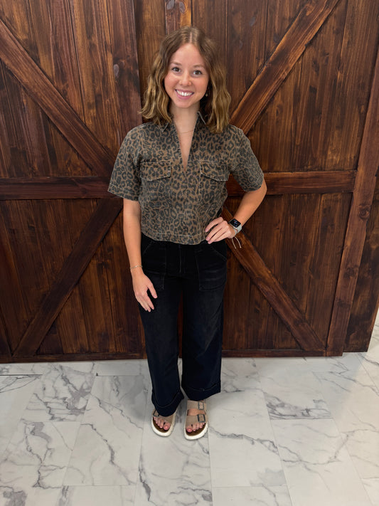 Cheetah Collared Chest Pocket Top