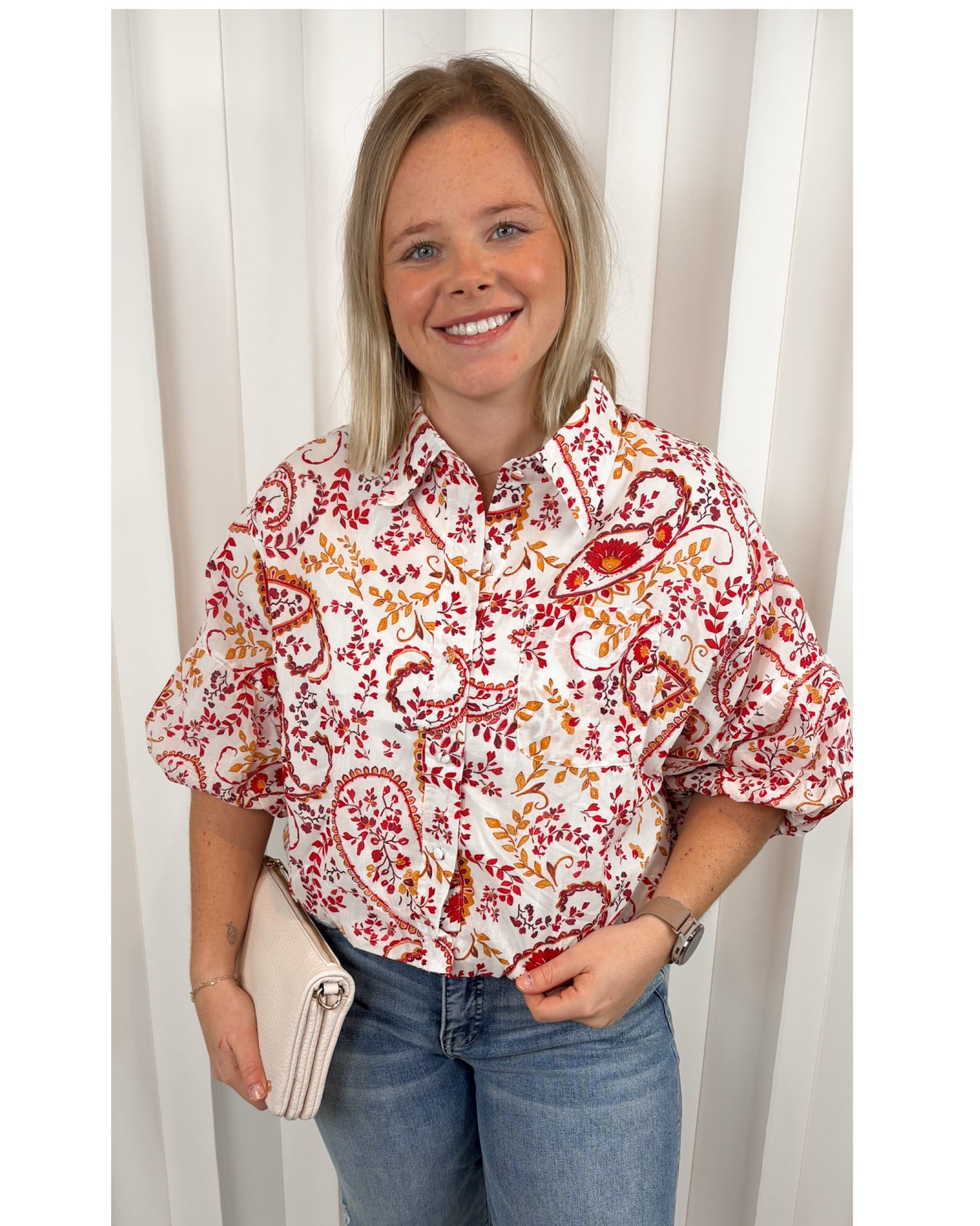 Emely Paisley Button Down Bubble Blouse