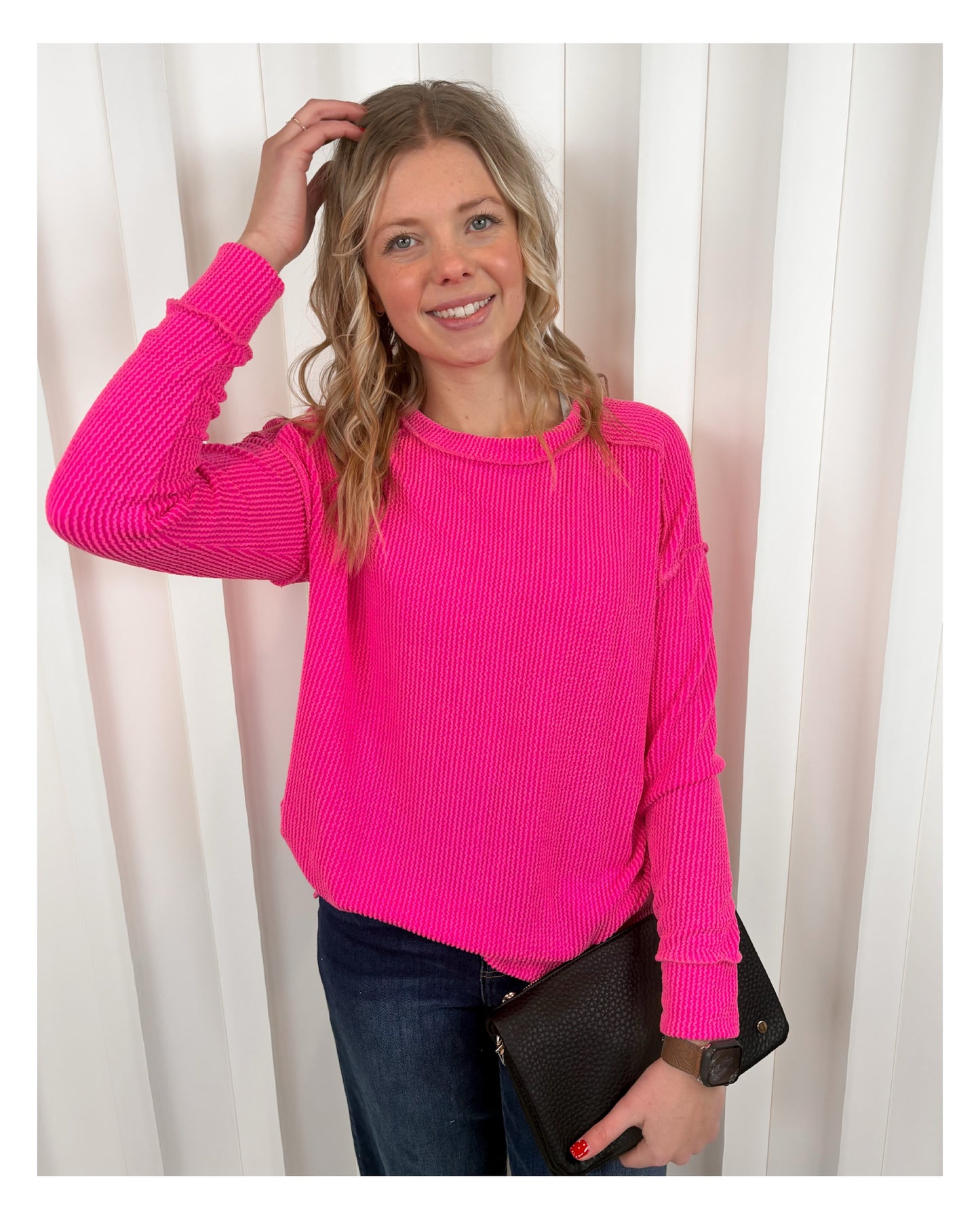 Kyla Ribbed Side Slit Pink Long Sleeve