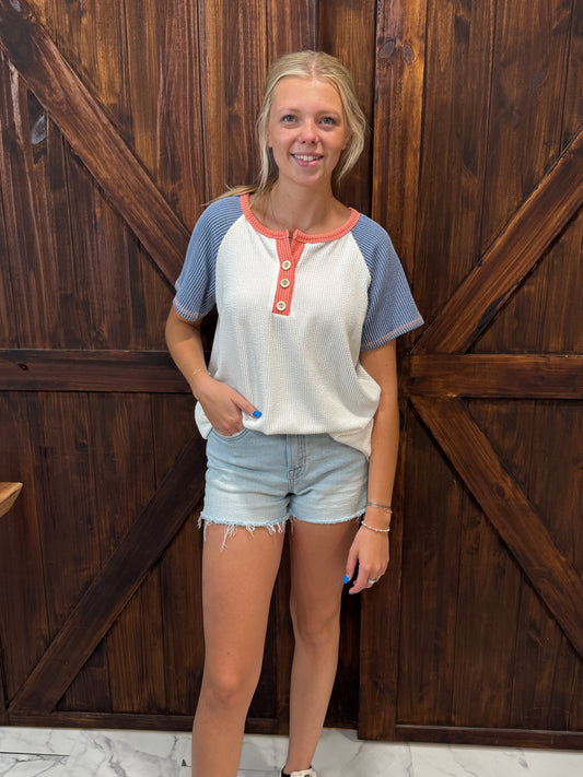 Cleo Color Block Button Front Top
