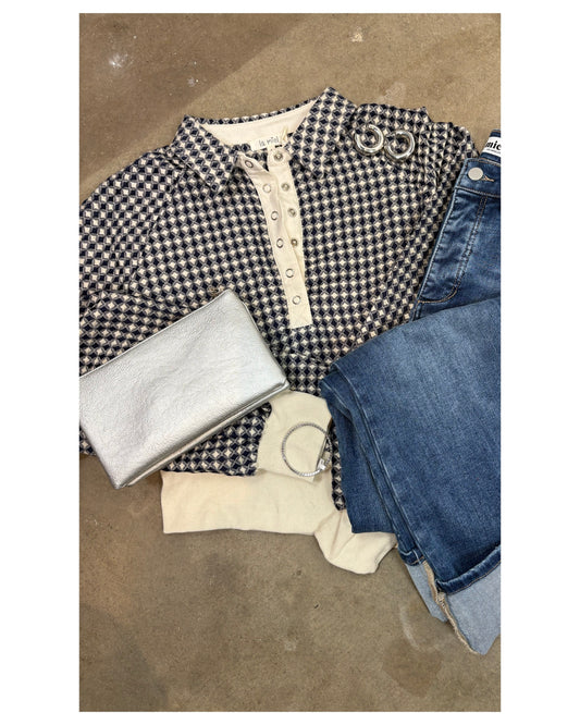 Melody Two Tone Textured Snap Button Top