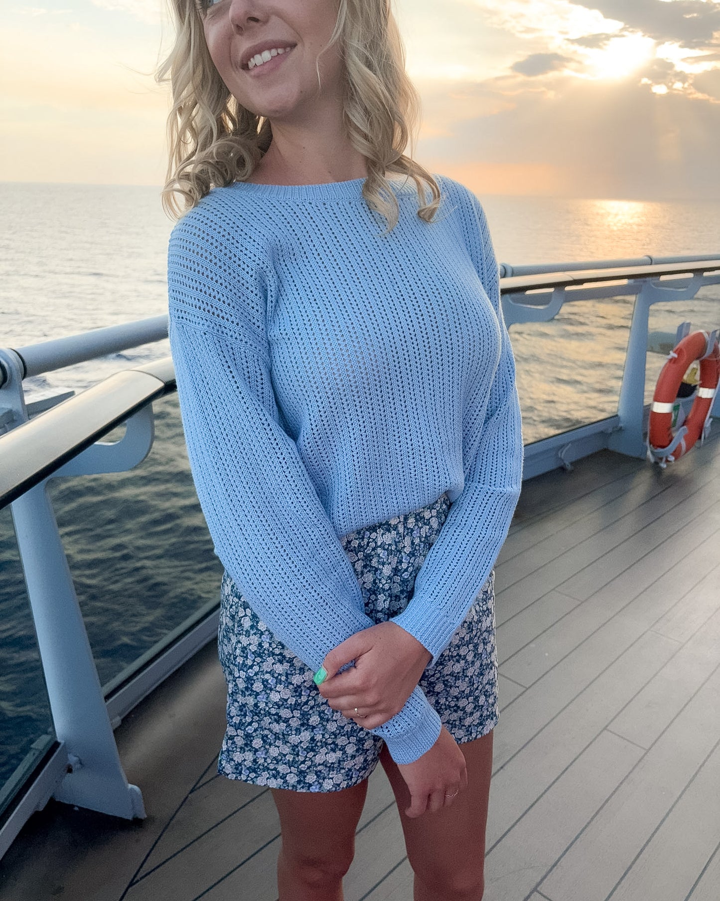 Sasha Chambray Solid Pointelle Sweater