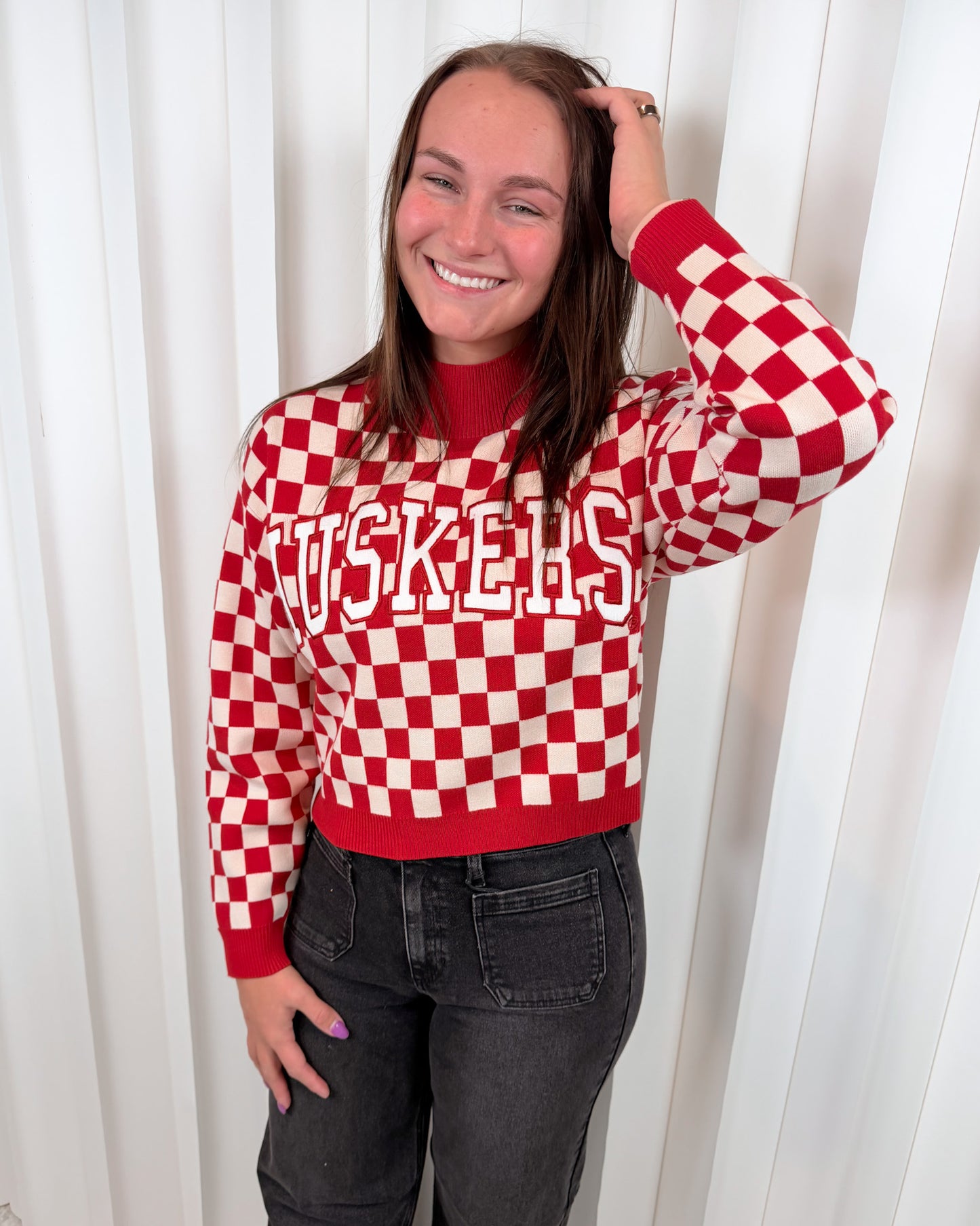 Nebraska Checkerboard Cropped Crew Sweater