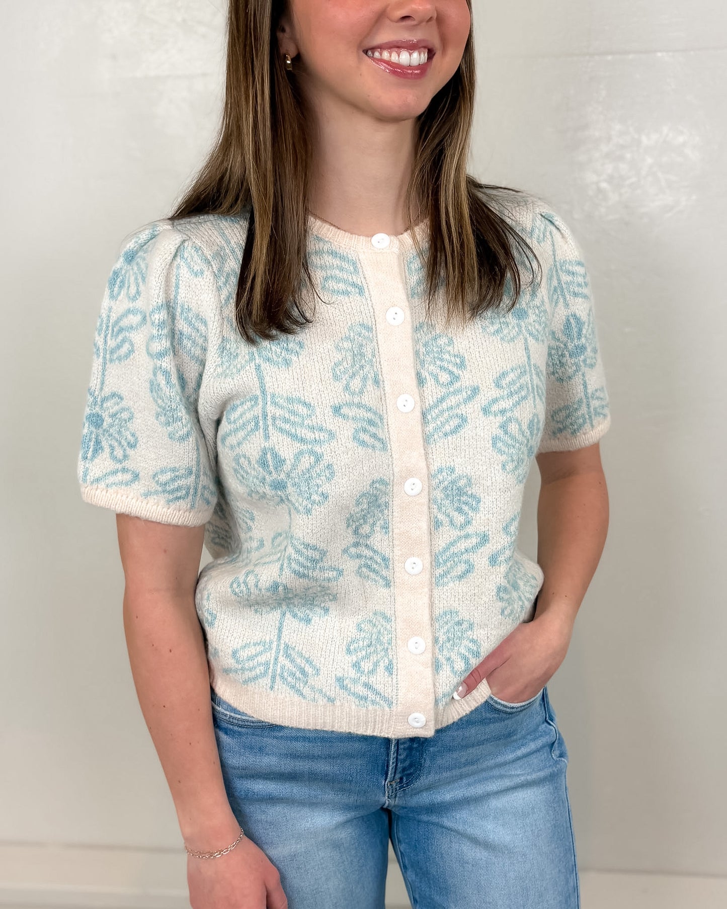 Poppy Floral Print Short Sleeve Sweater