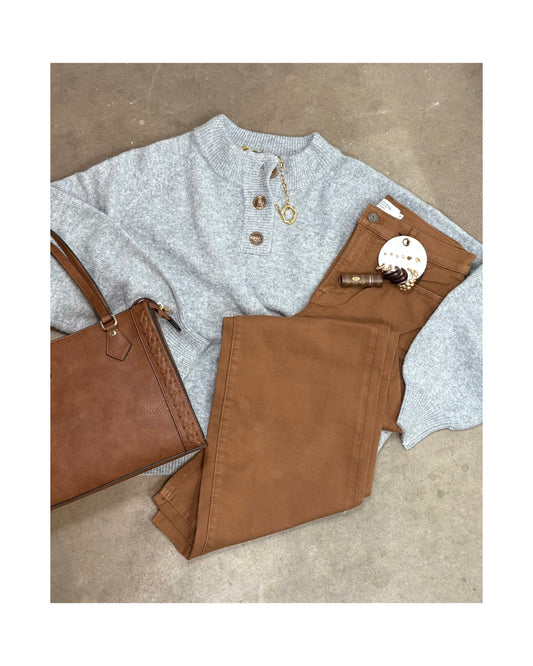 Hadley Mock Neck Button Knit Sweater Top