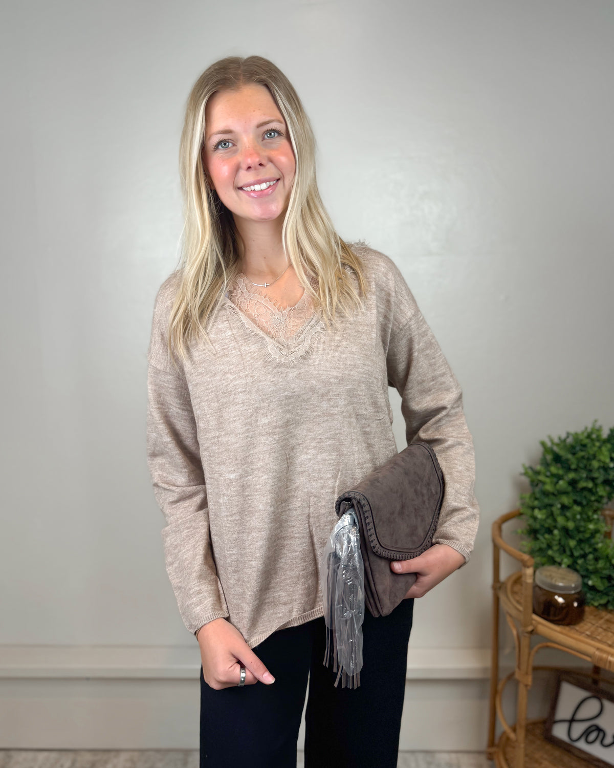 Sofie Taupe V Neck Sweater