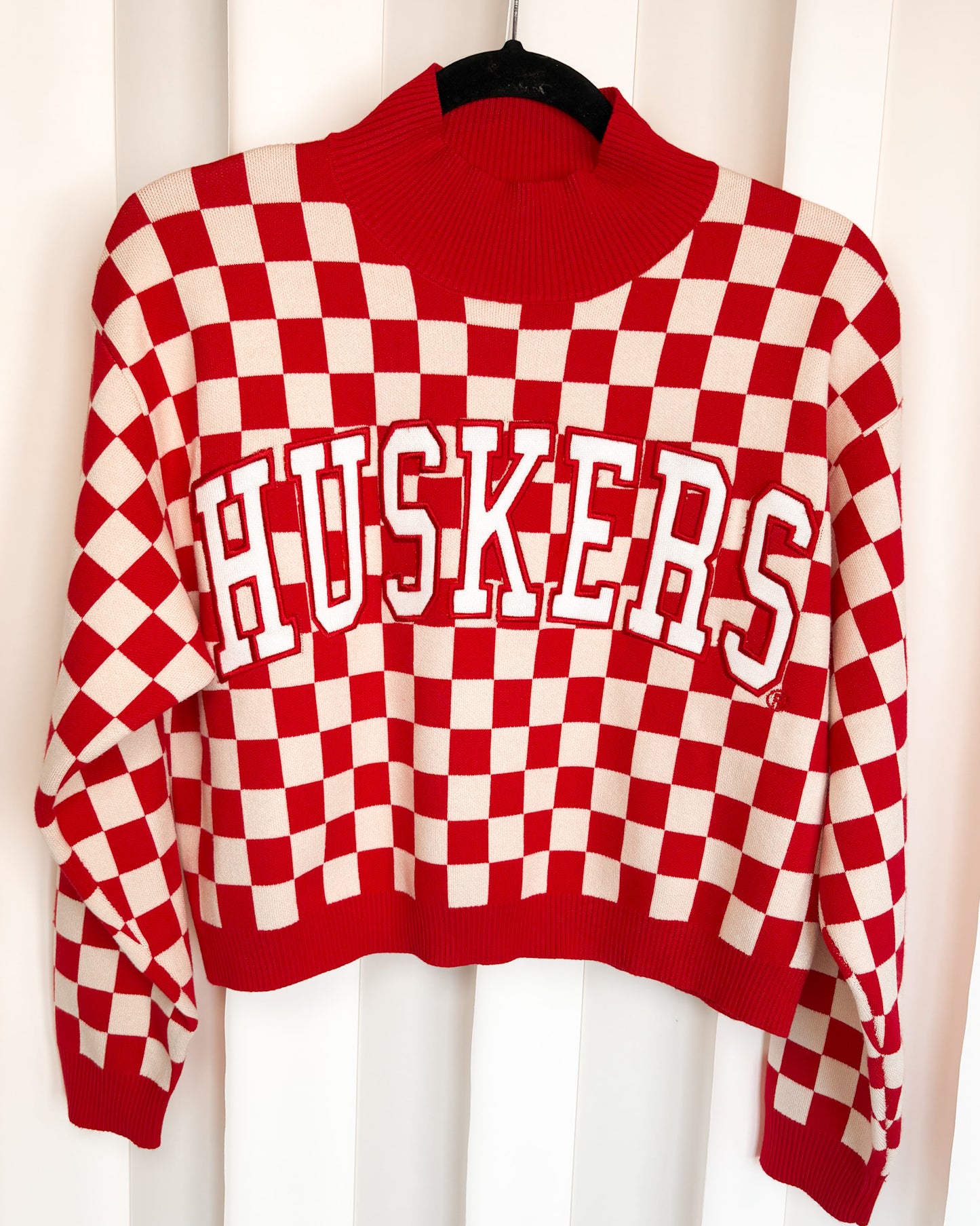 Nebraska Checkerboard Cropped Crew Sweater